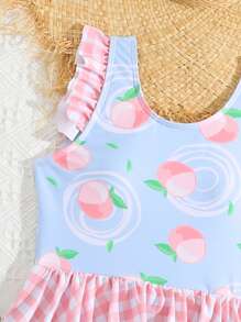 Tween Girl Summer Beach Plaid Patchwork Peach Pattern One-Piece Swimsuit - Multicolor - View 3