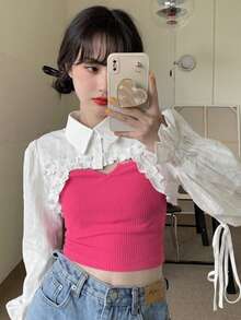 Gyaru Fashion Solid Color Elegant Long Sleeve Women Blouse (Inner Top Not Included) - White - View 7