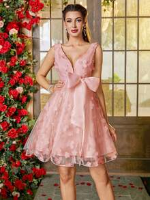 Women's Elegant Dress With 3d Flower And Bowknot Decorations - Pink - View 5