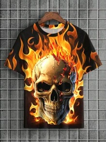Men's Summer Skull & Flame Print Round Neck Short Sleeve Casual T-Shirt