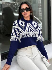 EURMUSE Geo Pattern Fringe Trim Drop Shoulder Sweater - Navy Blue - View 4