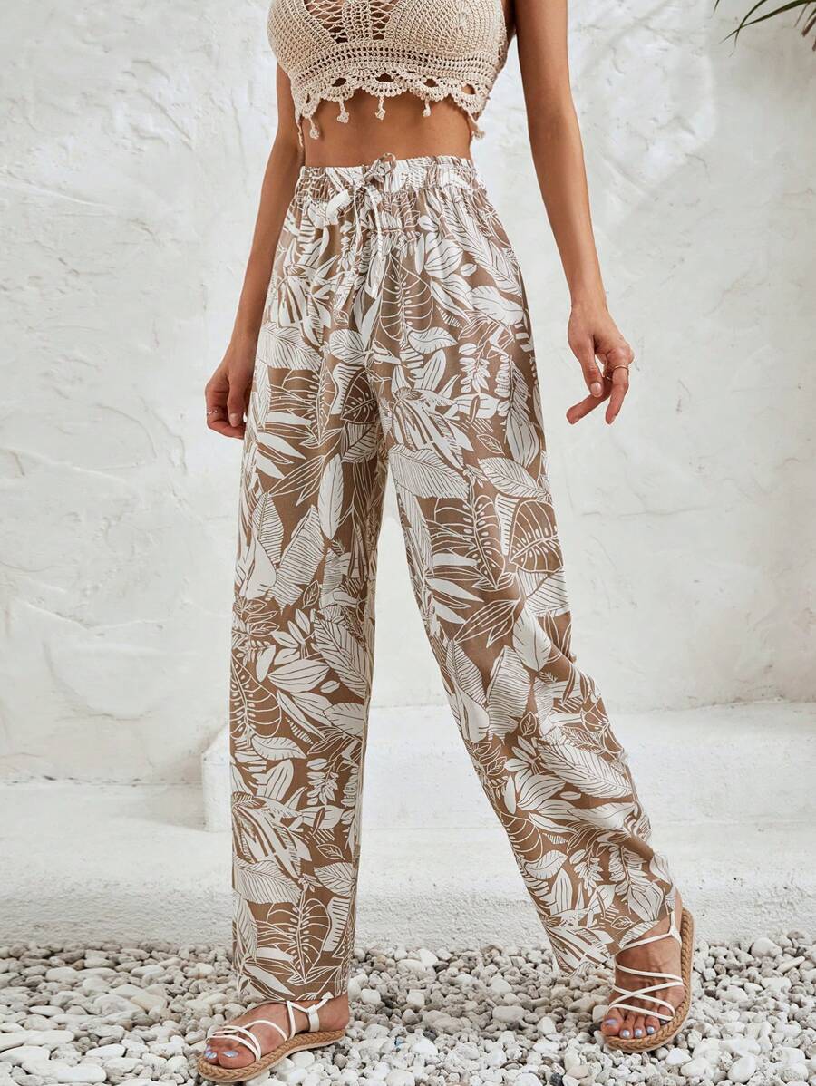 RueChic 女士热带植物印花高腰系带直筒休闲裤，度假风格 - 米色 - 查看 1