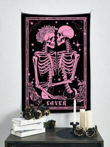 ROMWE Goth 1 pieza Oscura Gótica Rosada amantes esqueleto impresión tapiz con patrón floral y de plantas, para arte de decoración de pared de la sala de estar y el dormitorio 553746