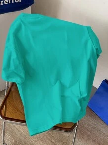 Claim Dot 男士夏季学院风可爱卡通图案印花圆领短袖休闲 T 恤，带口号，适合外出 - 綠色 - 查看 2