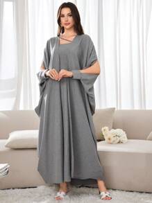 Al Najma Women's Solid Color Casual Spring/Summer Dress And Split Sleeves Batwing Loose Long Coat 2pcs/Set - Grey - View 9