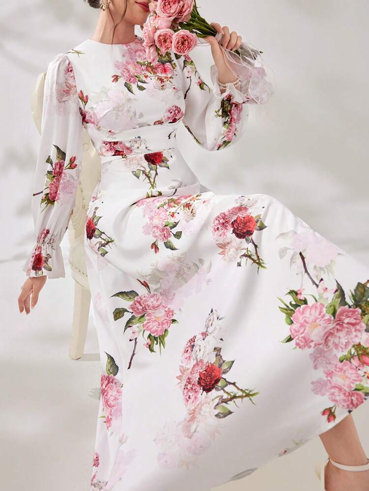 Women's Floral Printed Round Neck Long Sleeve Dress