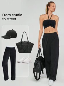 FeatherFit™ Ruched Dây rút Halter Top Xếp li có thể điều chỉnh Hỗ trợ ánh sáng Tác động thấp Phòng tập Yoga Hàng ngày Mùa hè - màu đen - Xem 7