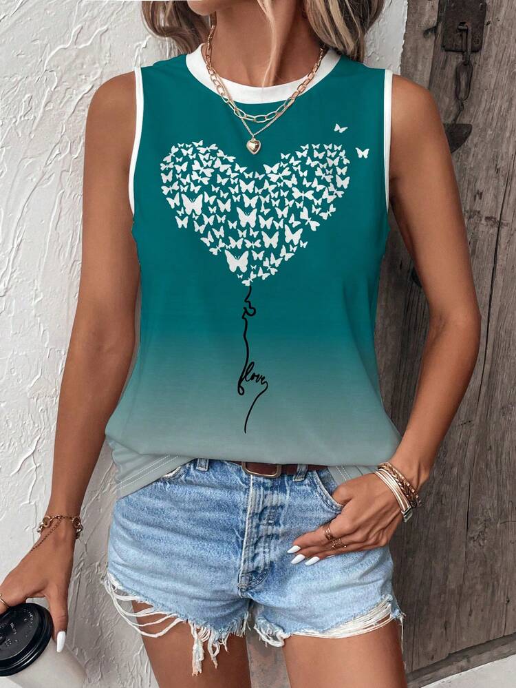 Women's Summer Butterfly Print Casual Top With Round Neckline