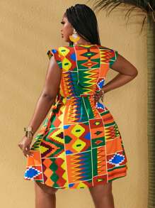 Maweii Robe d'été sexy grande taille sans manches à motif géométrique col en V profond - Multicolore - Voir 2