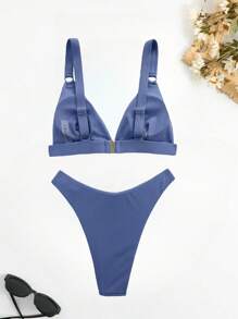SHEIN Swim 女士純色圓環連結性感分割式比基尼游泳裝套裝，夏季沙灘 - 霧霾藍 - 查看 2