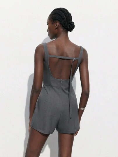 Maija 休闲优雅露背灰色无袖连体裤套装，适合毕业季、七月独立日、春夏、初秋、休闲校园风格