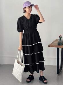 FRIFUL 女式夏季褶皱短款泡泡袖腰部收紧多层荷叶边下摆休闲连衣裙太阳裙 - 黑色 - 查看 9