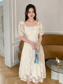 DAZY 优雅女士纯色方领短袖连衣裙夏季太阳裙，休闲女装