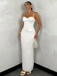 SHEIN BAE 夏季白色實色緞面沙灘度假約會女性扣環肩帶文胸杯背心和長高開叉裙兩件套裝 - 白色 - 查看 4