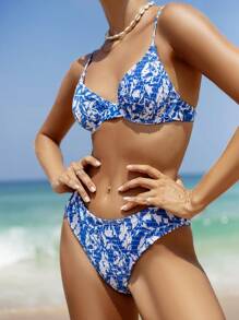 SHEIN Swim Women's Holiday Plant Printed Shirred Sexy Bikini Set Summer