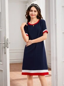 SHEIN Teen Girl Knitted Patchwork Casual Short Sleeve Dress With Round Neck - Multicolor - View 5