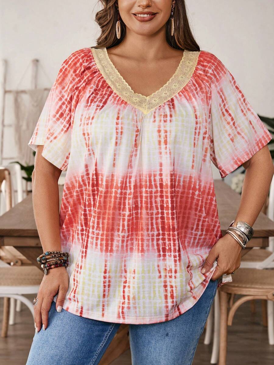 EMERY ROSE Áo thun cỡ lớn cổ chữ V nhuộm cà vạt mùa hè có cổ ren - Nhiều màu - Xem 1