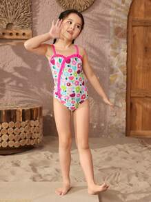 Young Girl Vacation Floral Printed Ruffled One-Piece Swimsuit With Cute Straps - Hot Pink - View 4