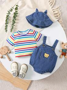 SHEIN Baby Boys' Bear Printed Decorative Outfit Set