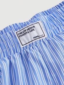 SHEIN MOD Blue & White Striped Elastic Waist Shorts With Alphabet Patchwork Decoration, Summer - Blue and White - View 3