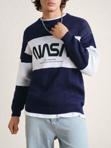 SHEIN Cottnline Men's Loose-Fit Sweater With Letter & Flower Knitting Design And Color Block Contrast - Navy Blue - View 4