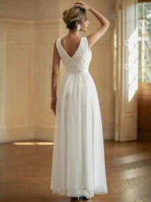 LVNES 女士 A 字型简约婚纱 V 领薄纱无袖复古婚纱 - 白色 - 查看 2