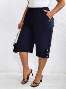 EMERY ROSE Plus Size Women's Solid Color Elastic Waist Button Decorated Casual Capri Pants With Pockets