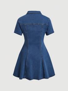 SHEIN MOD Women's Casual Front Buttoned Cinching Waist Denim Dress, Summer - Dark Wash - View 2