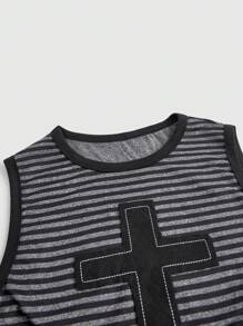ROMWE Grunge Punk Camiseta De Tirantes De Rayas Para Mujer Con Parche Bordado De Cruz Grunge Oscura - Negro - Ver 4
