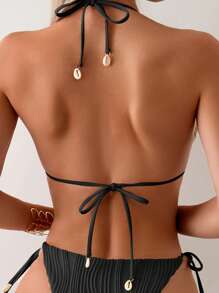 Swim Basics Women's Summer Beach Solid Color Sexy Halter Neck Bikini Top With Special Material - Black - View 2