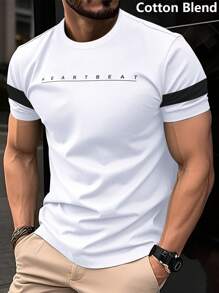 Manfinity Homme 男士夏季圆领拼色短袖休闲商务棉混纺T恤字母印花外出装老公装 - 白色 - 查看 5
