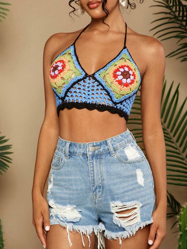 Women's Floral Knit Short Vacation Style Pullover Sweater