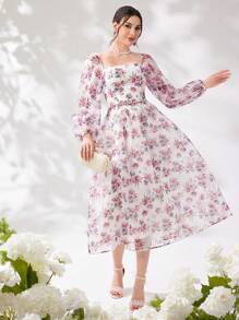 Modelyn Ladies' Holiday Floral Printed Square Neck Long Sleeve Dress - Multicolor - View 6