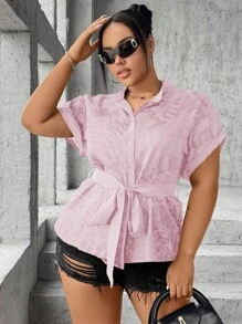 SHEIN Unity Plus Size Solid Color Button Front Belted Short Sleeve Shirt With Sheer Detail - Pink - View 4