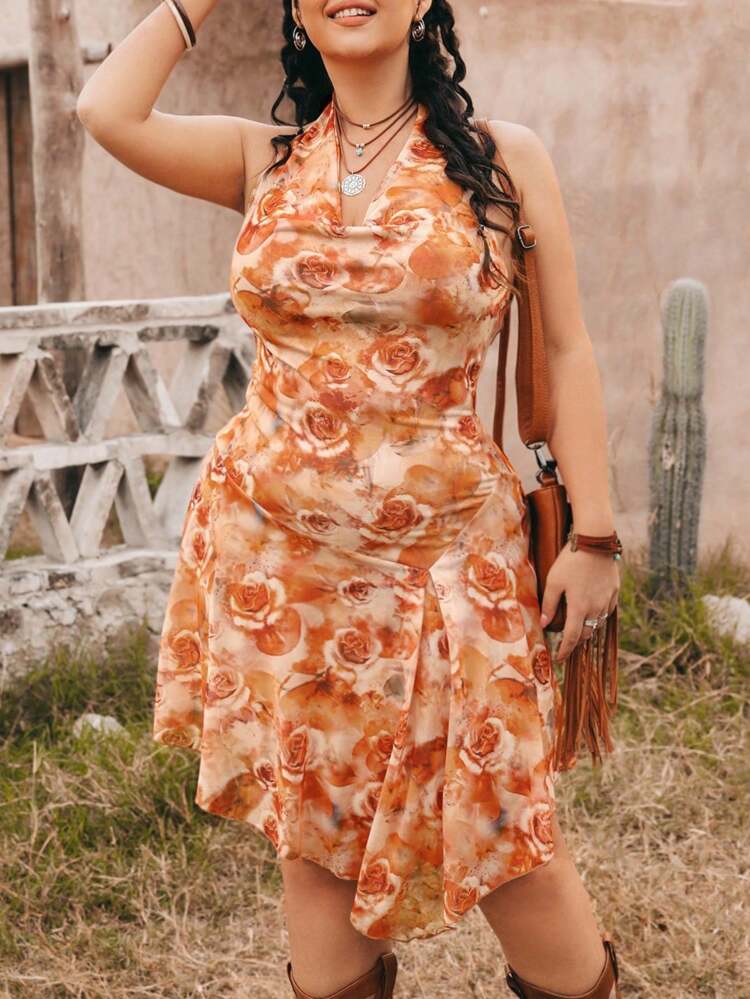 Plus-Size Women's Retro Folk Music Festival Hippie Orange Rose Print Halter Asymmetrical Hem Mesh Cloth Slim Swing Neck Dress Summer Clothes Concert Outfits