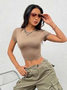 SHEIN PETITE Casual Round Neck Tight Short Sleeve T-Shirt For Women, Suitable For Summer - Apricot - View 7