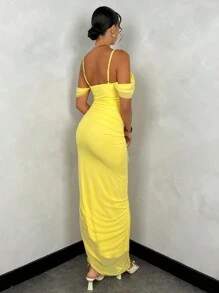 SHEIN BAE Vestido amarillo de un solo color con cuello drapeado, tirantes de volantes, mangas con cinta y abertura alta en el costado para el verano - Amarillo - Ver 2