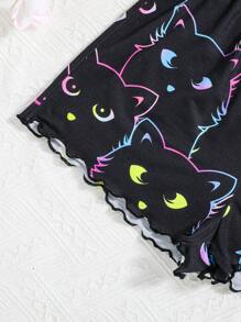 SHEIN Bộ đồ ngủ 2 mảnh in hình mèo huỳnh quang dễ thương cho bé gái tuổi teen, đồ mặc ở nhà thường ngày - màu đen - Xem 4