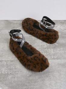 SHUZIA Women Fashion Leopard Print Furry Designed Flat Shoes - Brown - View 3