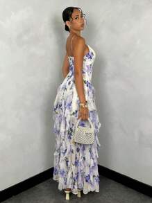 SHEIN BAE Đầm đi nghỉ in hoa màu xanh mùa hè dành cho nữ, thiết kế hở lưng gợi cảm với diềm xếp nếp nhiều lớp và viền xẻ cao, ngọt ngào và gợi cảm - Nhiều màu - Xem 2