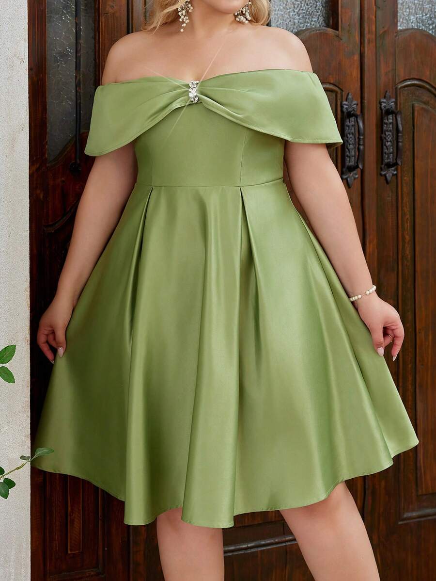 SHEIN Belle 加大碼3D手工花卉刺繡淺肩復活節假期甜美優雅鄉村風格雞尾酒派對連衣裙，小荳蔻綠色 - 綠色 - 查看 1