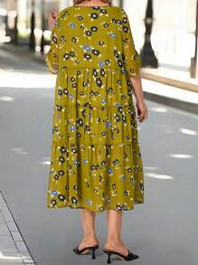 EMERY ROSE Plus Size Women's Teacher Clothes Ripe Elegant  Floral Printed Round Neck Half Sleeve Doubledeck Casual Casual Dress With Layered Ruffle Hem