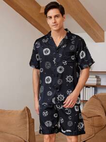 男士短袖單排釦睡衣和短褲套裝，夏季家居服 - 黑色 - 查看 3