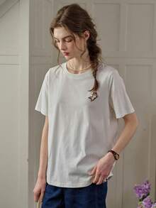 Simple Retro Women's Casual T-Shirt With Cat Embroidery Design, Round Neck - White - View 7