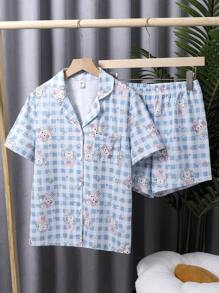 少女簡單可愛動物印花短褲和短袖休閒2入組家居服套裝 - 彩色 - 查看 1