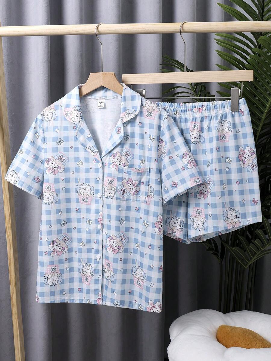 少女簡單可愛動物印花短褲和短袖休閒2入組家居服套裝 - 彩色 - 查看 1