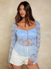 Forever 21 Top à manches longues col carré avec ourlet asymétrique en dentelle bleue pour femmes
