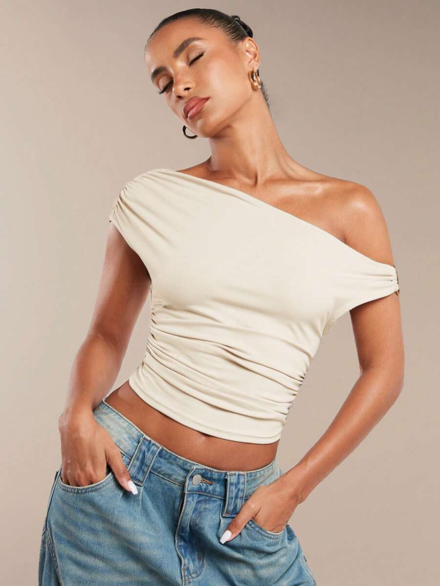 SHEIN BAE Women's Solid Color Ruched Asymmetric Oblique-Shoulder Top, Summer - Apricot - View 1