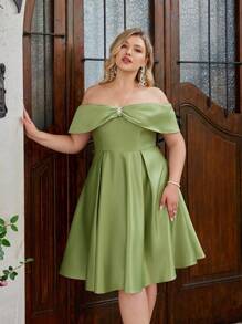 SHEIN Belle 加大碼3D手工花卉刺繡淺肩復活節假期甜美優雅鄉村風格雞尾酒派對連衣裙，小荳蔻綠色 - 綠色 - 查看 2