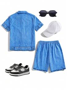 Tween Boy Casual Denim Effect Printed Turn-Down Collar Short Sleeve Shirt And Shorts Woven 2pcs Outfit Set